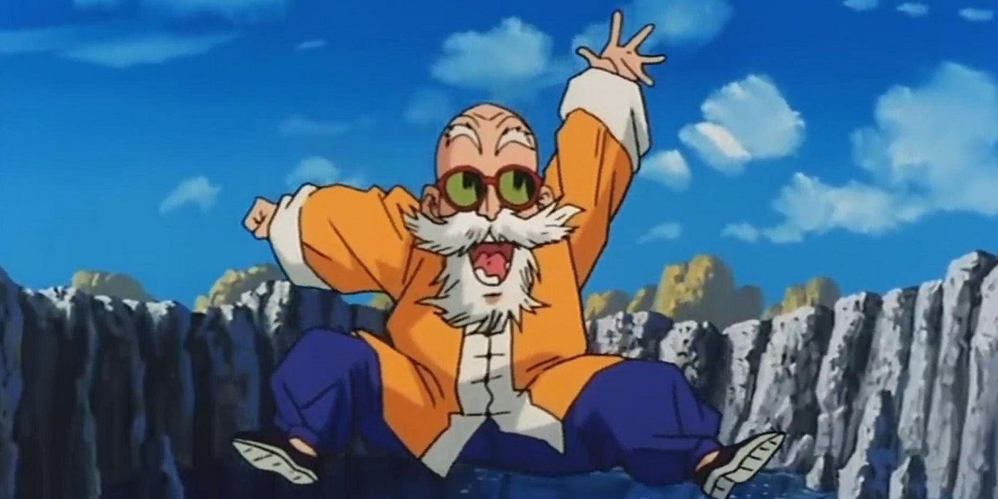 Maestro Roshi che salta sorridendo tra le rocce di Dragon Ball Z