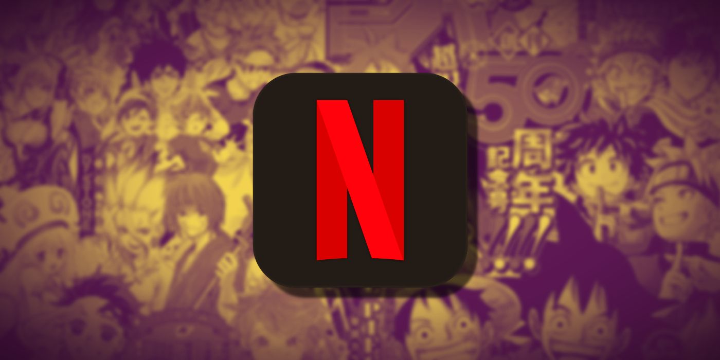 Il logo Netflix con sfondo scuro su uno sfondo con vari personaggi shonen jump.