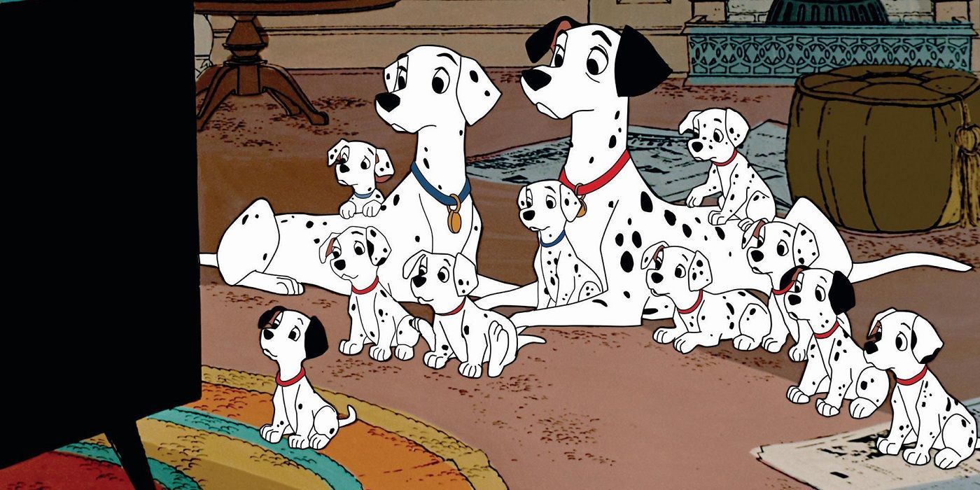 Pongo and Perdita watch TV with their puppies from 101 Dalmatians 