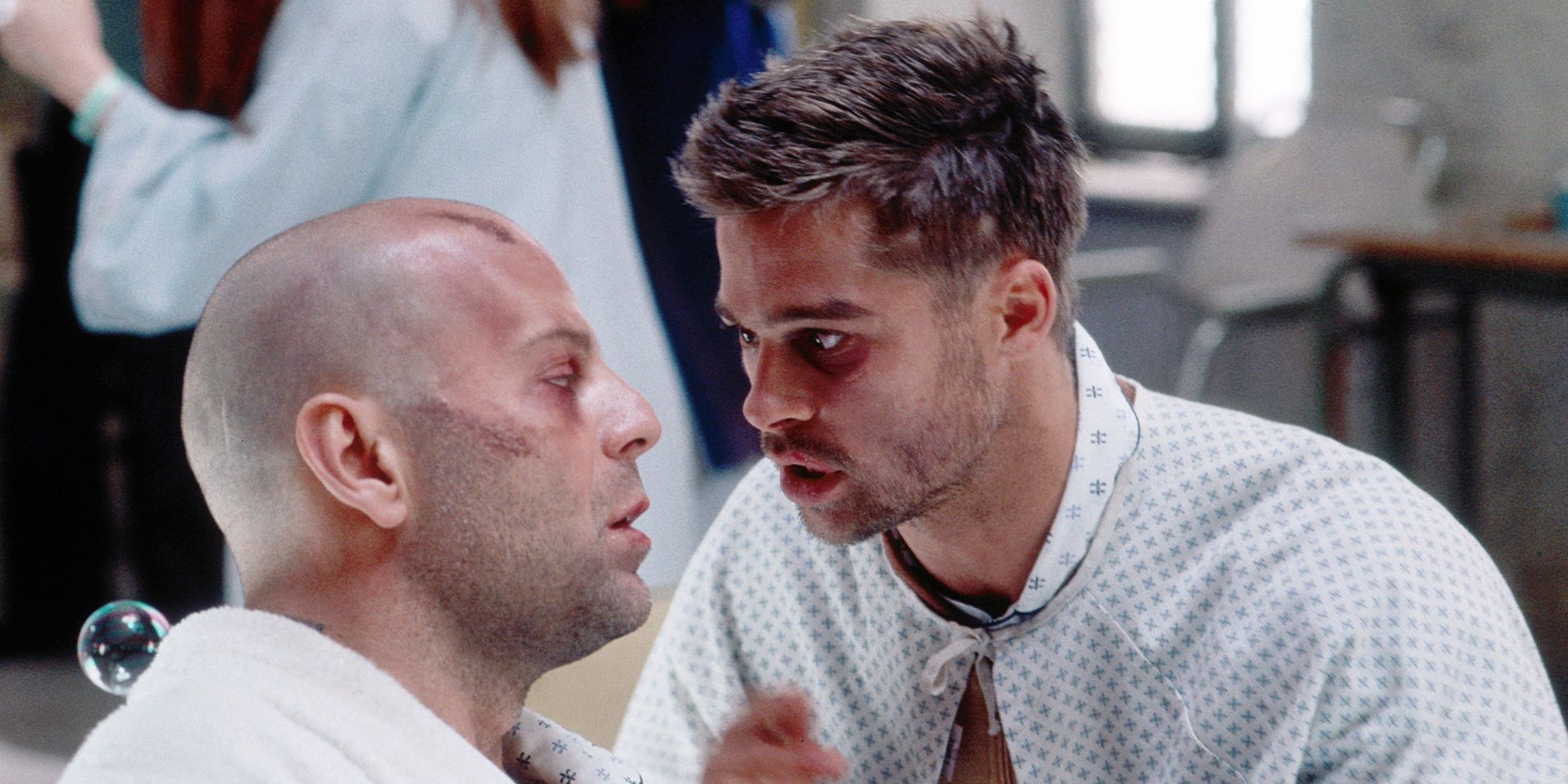 Bruce Willis and Brad Pitt in Hospital Robes in 12 Monkeys