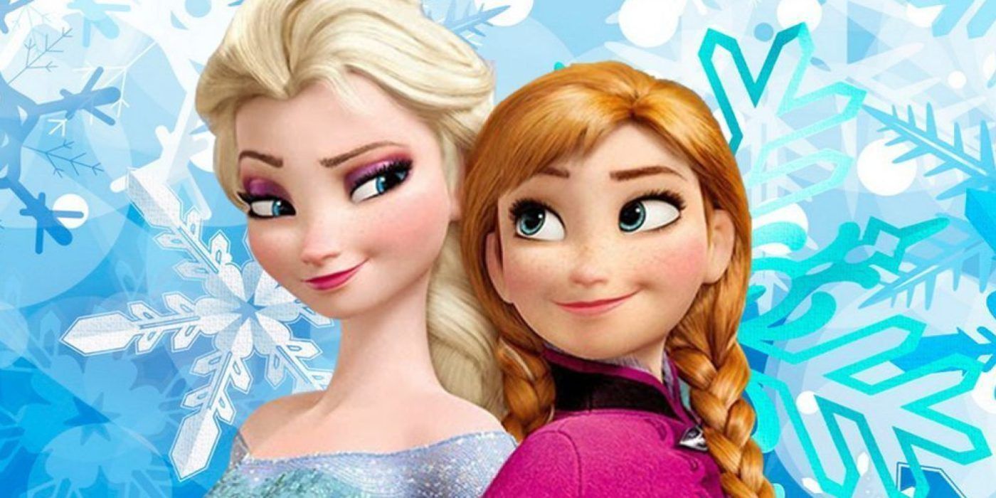 Frozen's Elsa and Anna against a backdrop of snowflakes