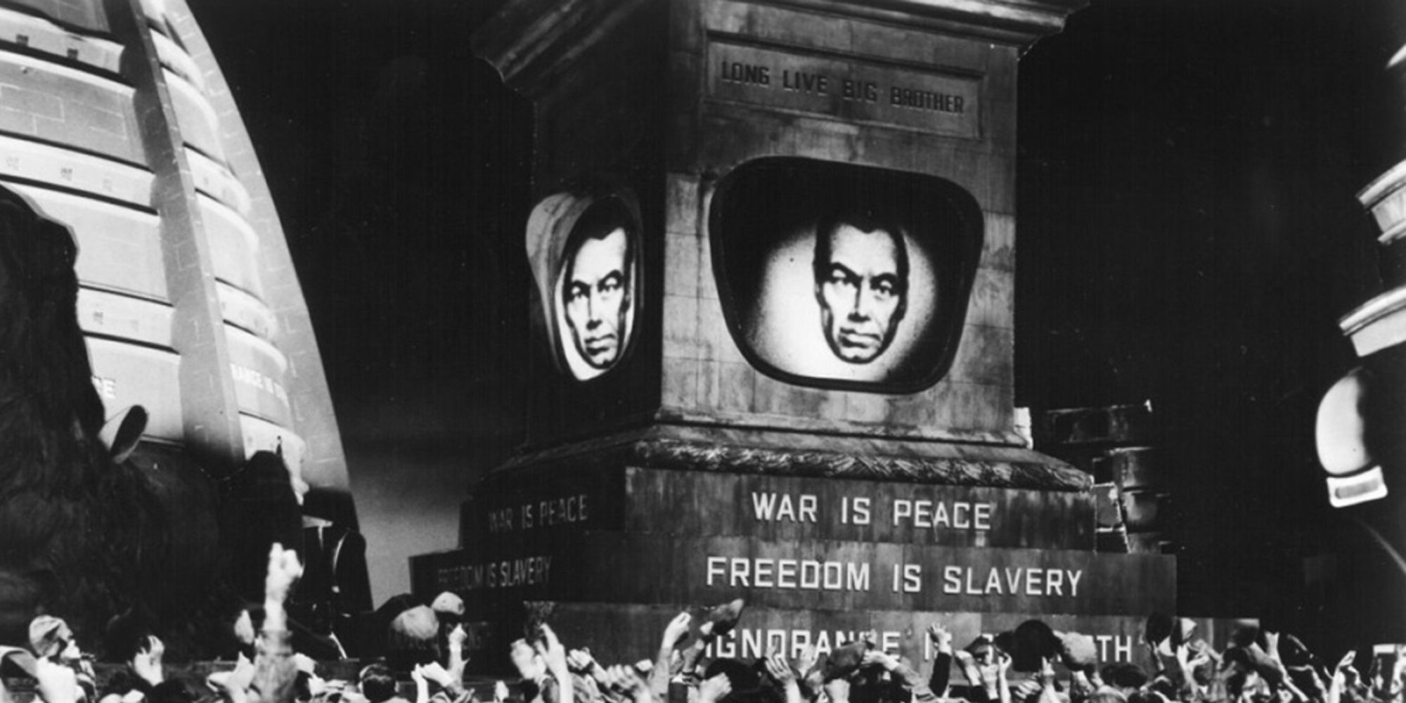 1956 movie of 1984 by George Orwell, showing Big Brother on a screen