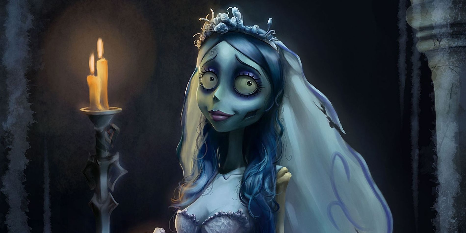 A deceased bride smiling in Corpse Bride