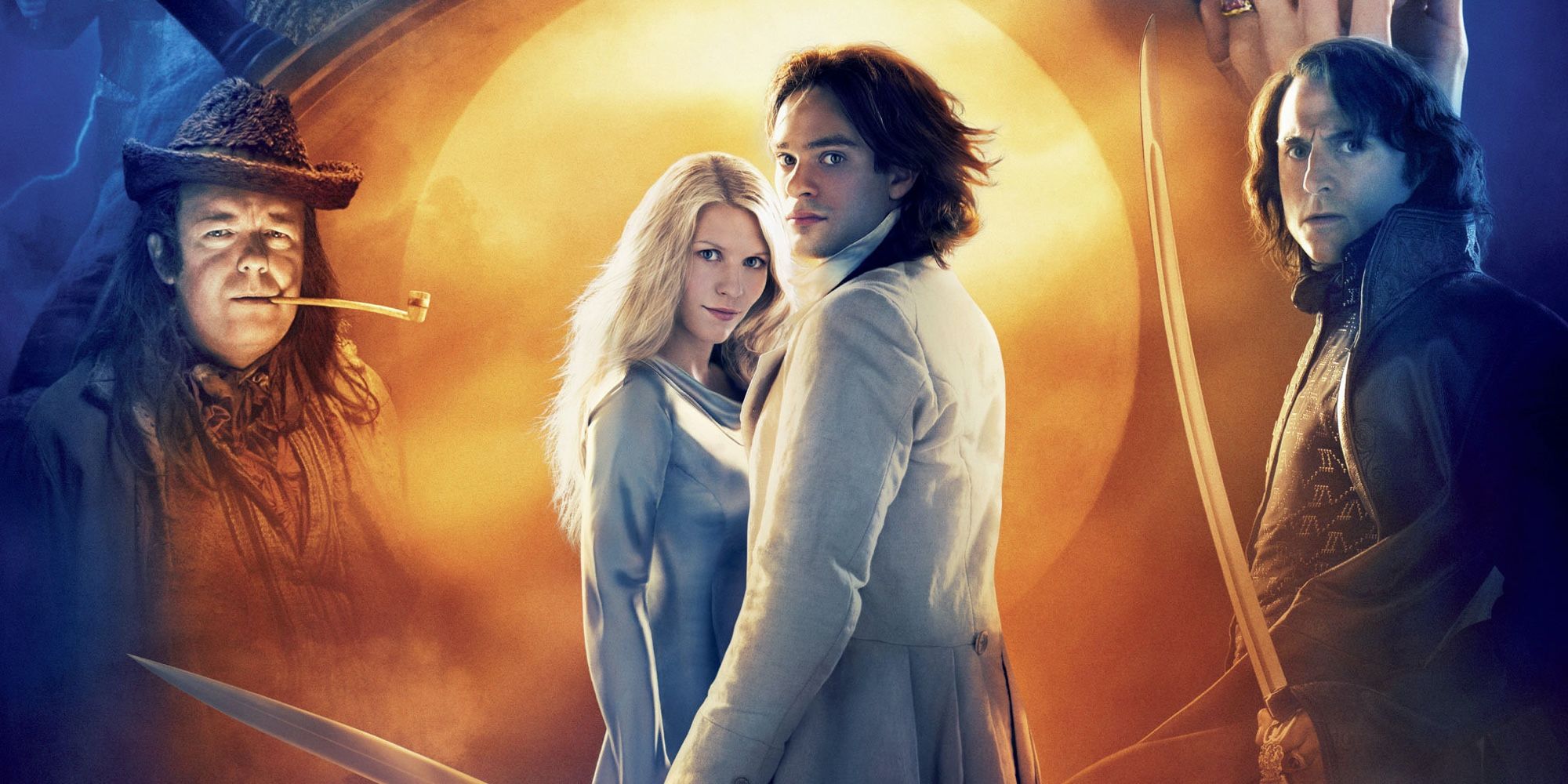 Yvaine (Claire Danes) and Tristan (Charlie Cox) holding hands in the movie poster for Stardust