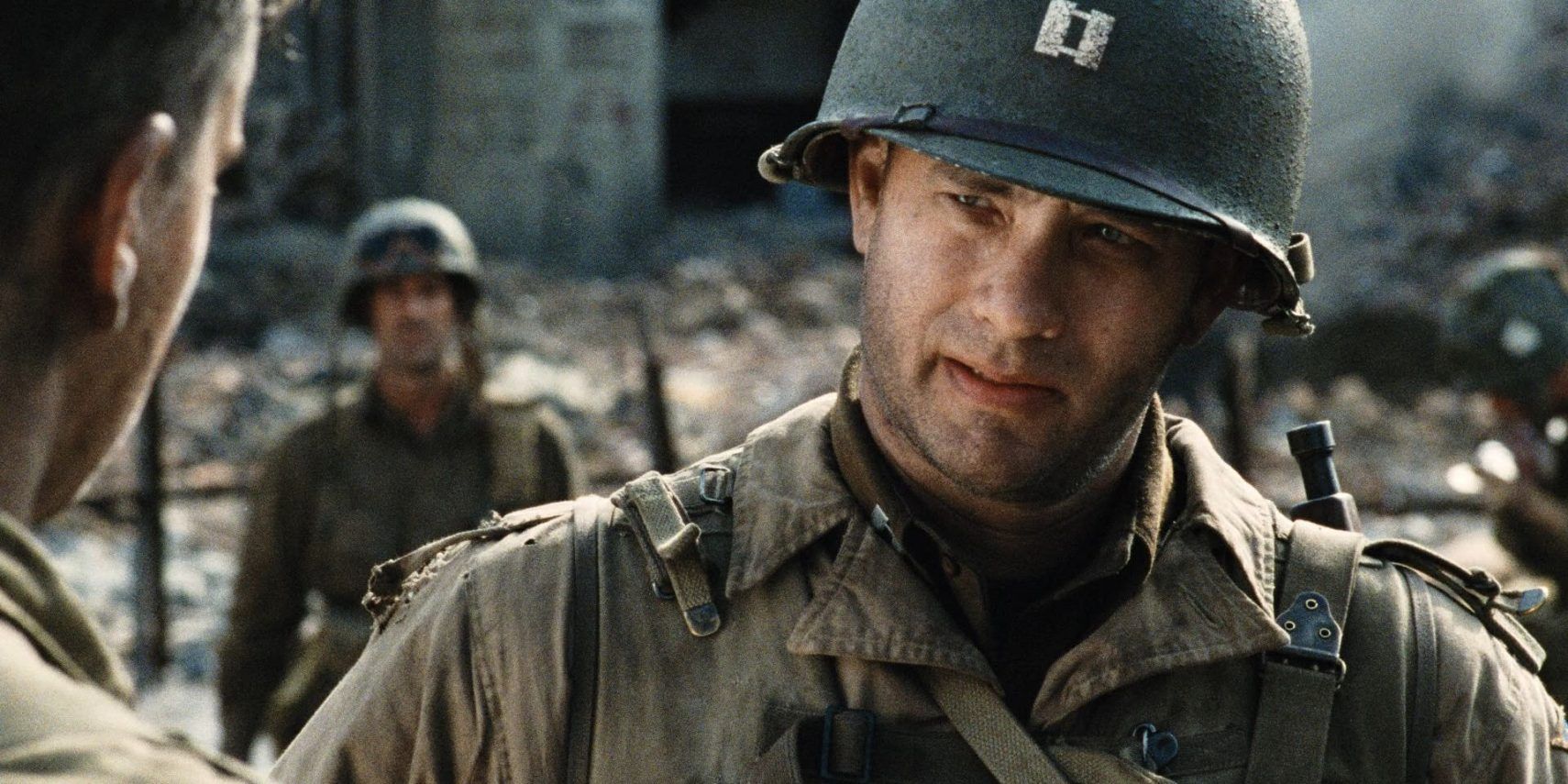 Tom Hanks in a military uniform in Saving Private Ryan