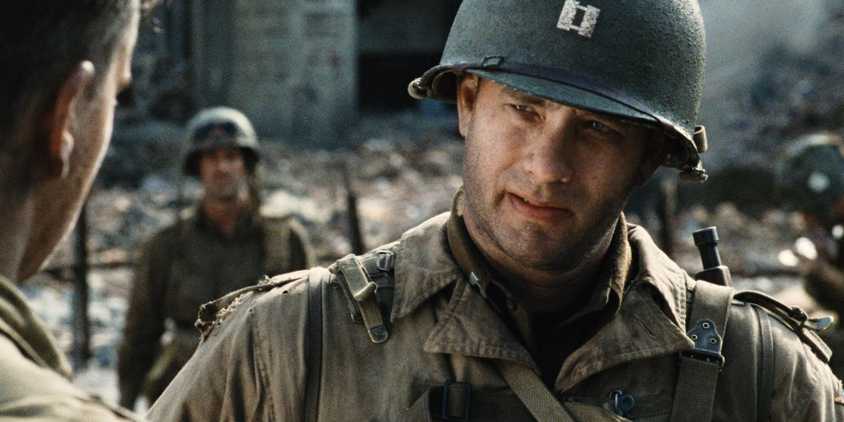 Tom Hanks in a military uniform in Saving Private Ryan