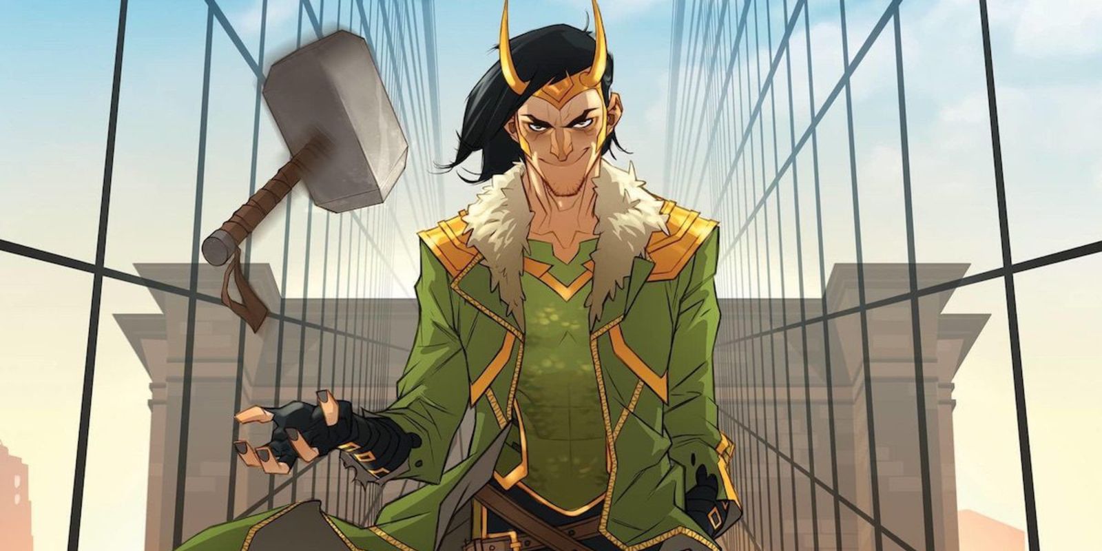 Loki membalik Mjolnir di Bumi dalam komik Loki.
