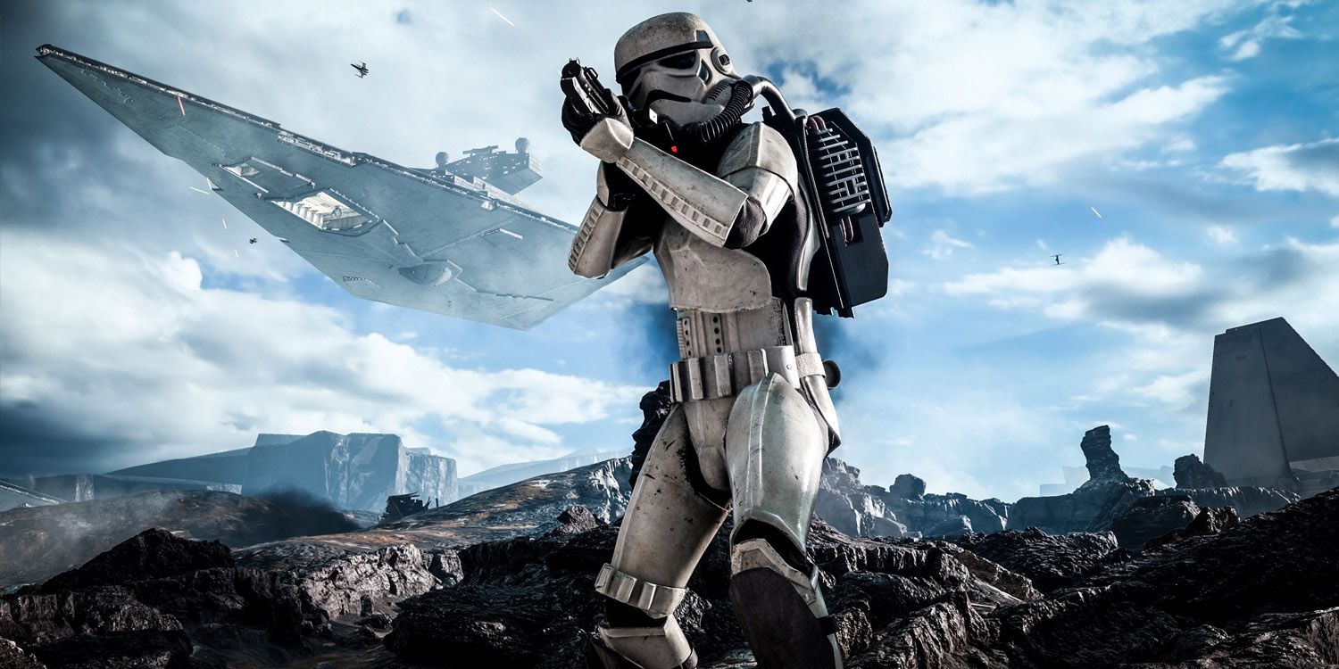 A storm trooper pointing a gun in Star Wars: Battlefront