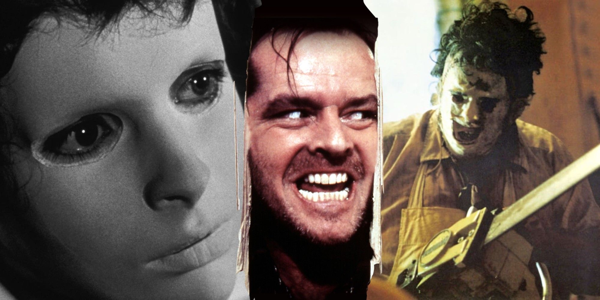 Gambar terpisah dari karakter utama Eyes Without A Face, The Shining dan Texas Chainsaw Massacre