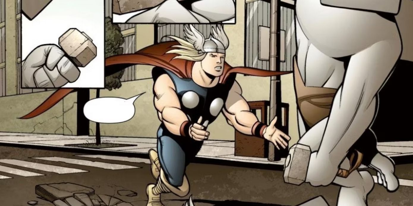 Thor trying to get Mjolnir back from Awesome Android.
