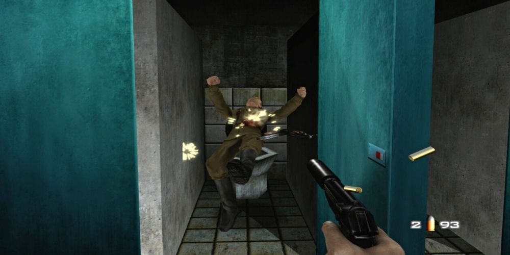 A poor grunt soldier is shot inside a bathroom stall