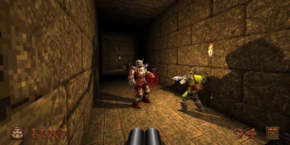 A player gets ready to shoot an alien in 1996's Quake