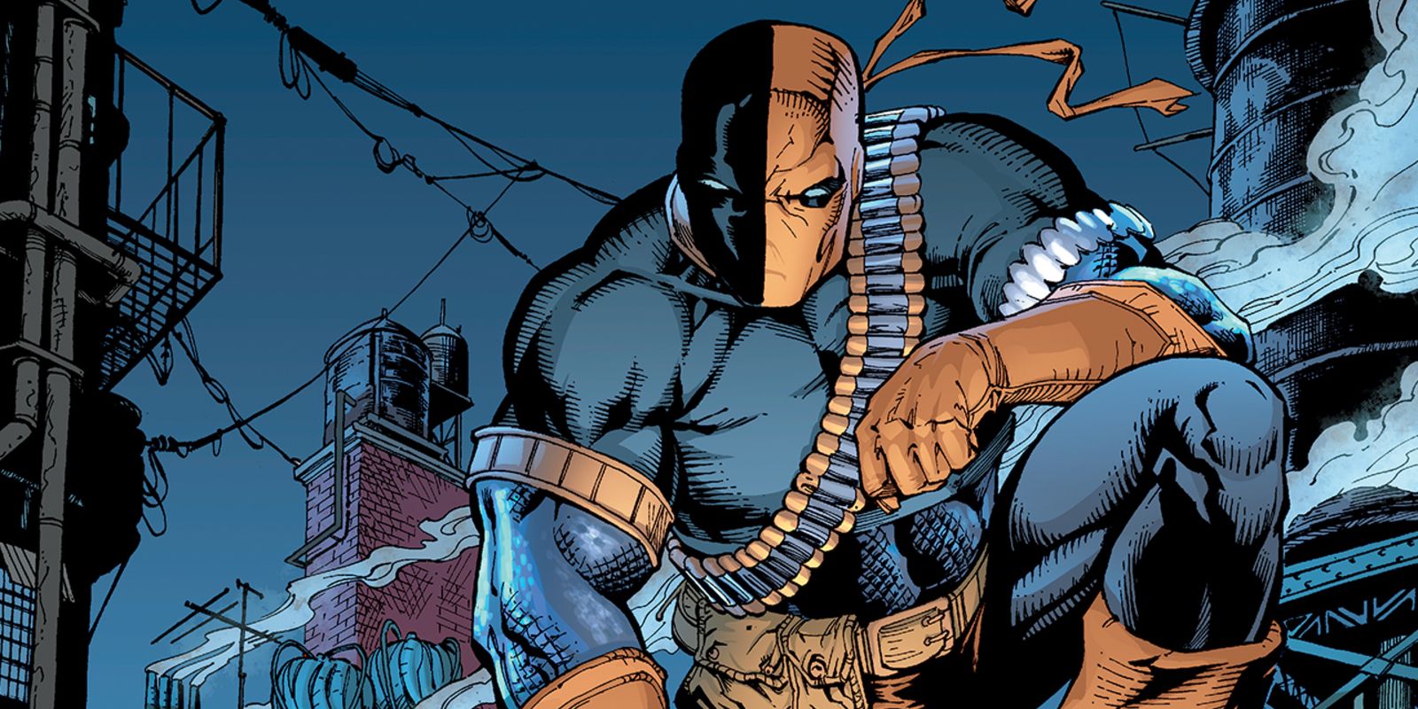 Deathstroke perched on a rooftop in DC Comics