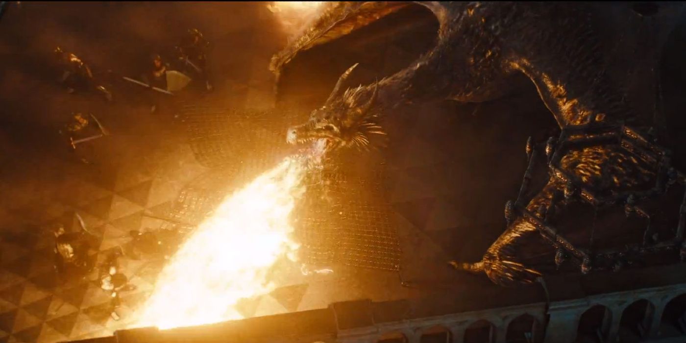 A dragon breathing fire in Maleficent.
