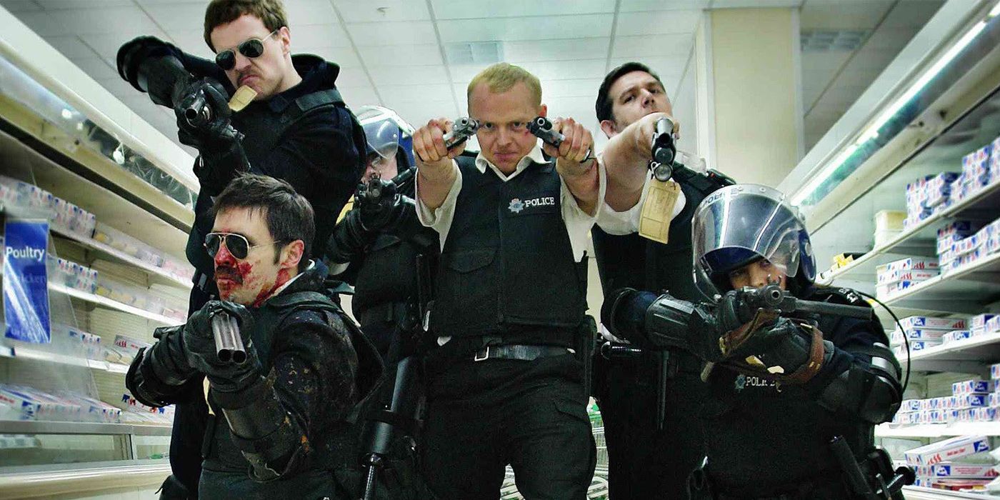 Simon Pegg, Nick Frost and the cast of Hot Fuzz in the grocery store