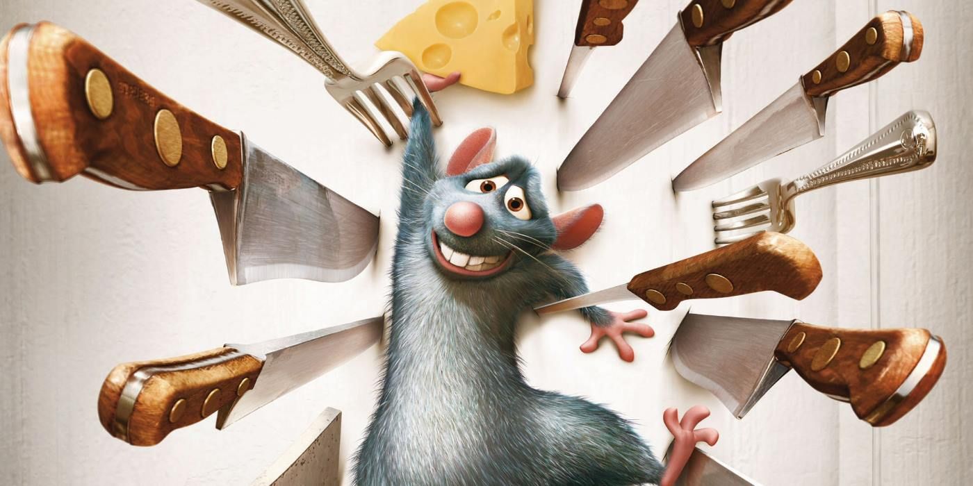 Remy dodges knives and forks in Ratatouille.