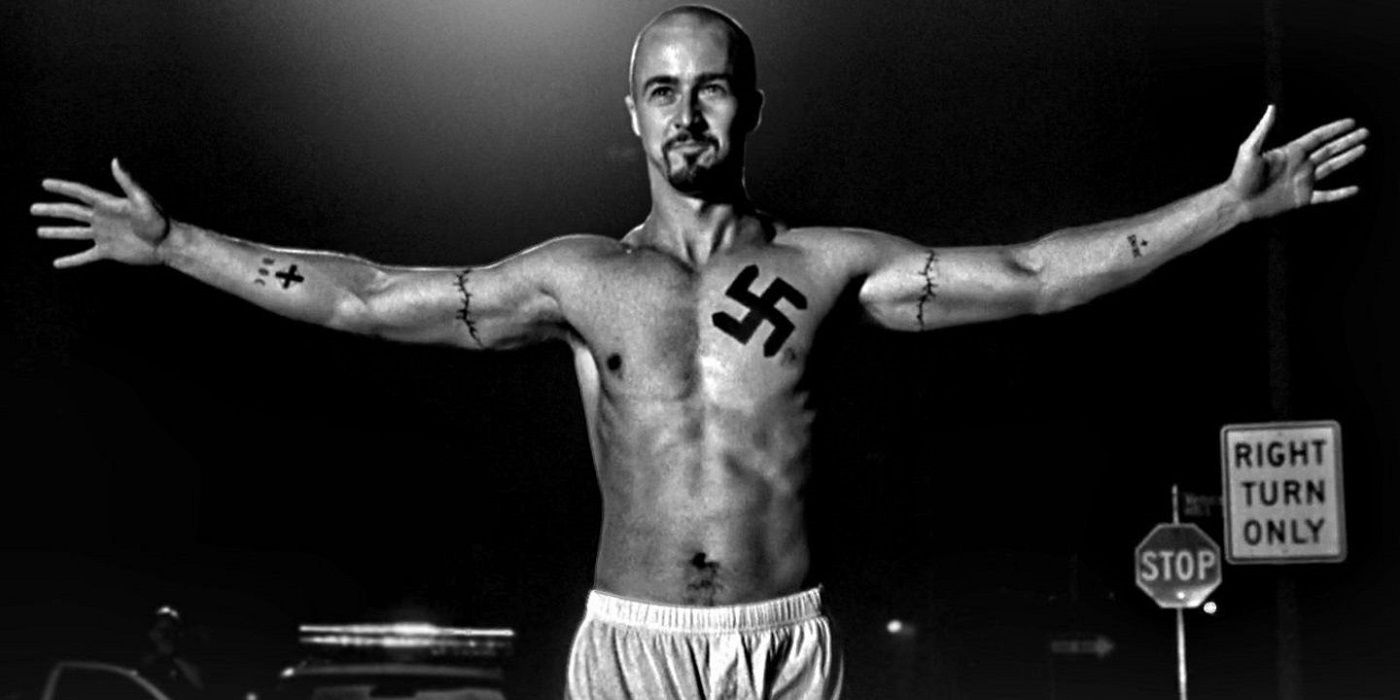 Derek Vinyard spreads his arms and smiles X Edward Norton neo nazi