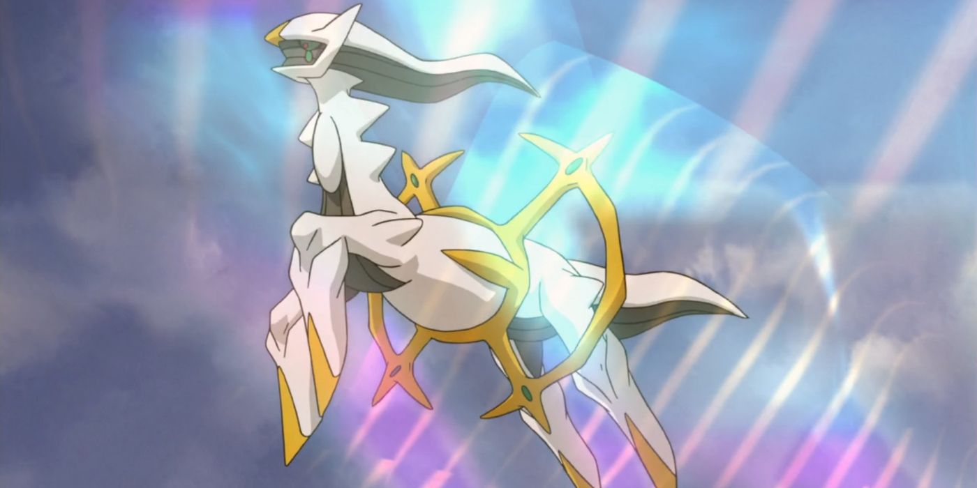 Arceus floatinf in a multicolored sky in the Pokémon anime