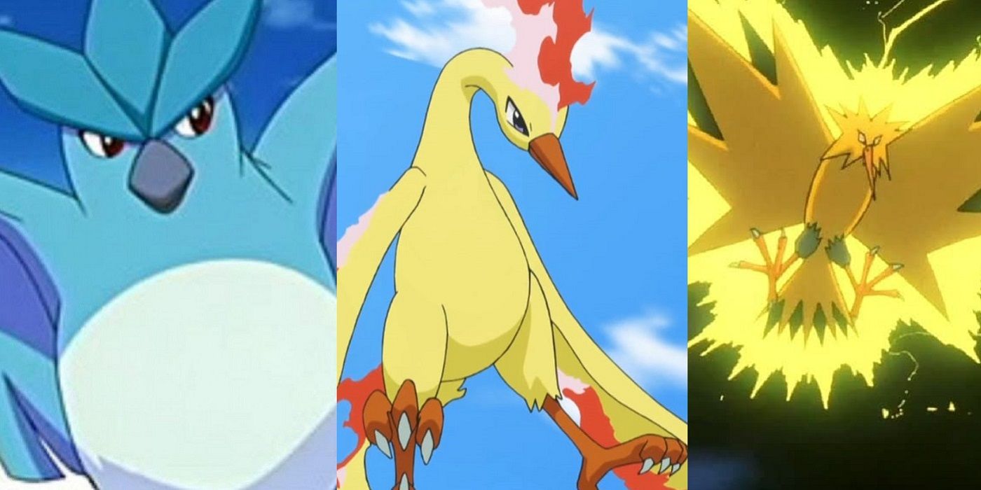 Split image showing Articuno, Moltres, and Zapdos in the Pokémon Anime