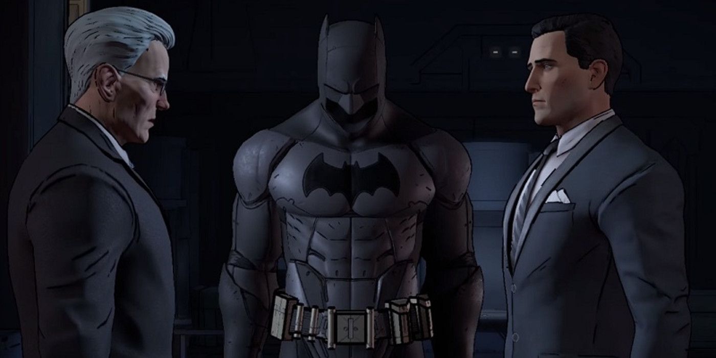 Portrait of the Batman suit, Alfred and Bruce Wayne in the Telltale Series Batman 