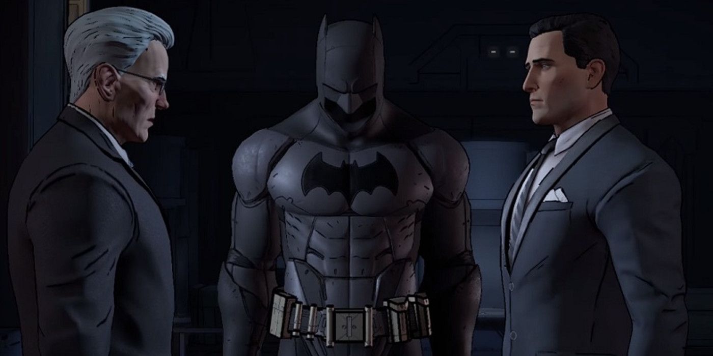 An image of the Batman suit, Alfred and Bruce Wayne in Batman the Telltale Series 