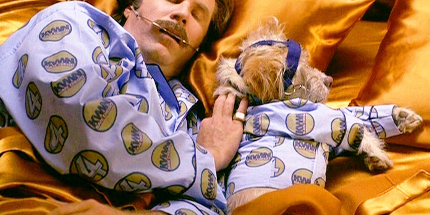 Ron Burgundy and Baxter lay in bed wearing the same pyjamas in Anchorman