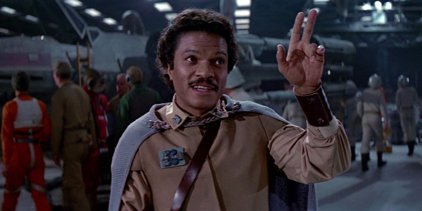 Lando Calrissian in his General uniform waves goodbye to Han Solo in Star Wars Return of the Jedi
