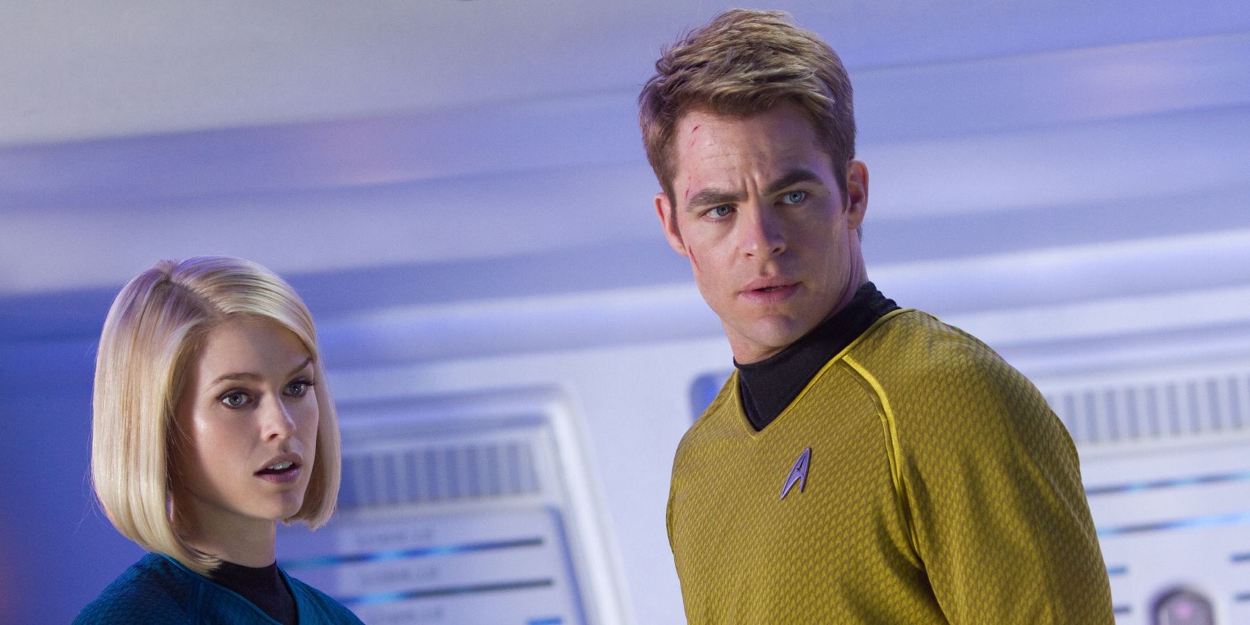 Chris Pine and Alice Eve Look on in Star Trek Into Darkness 