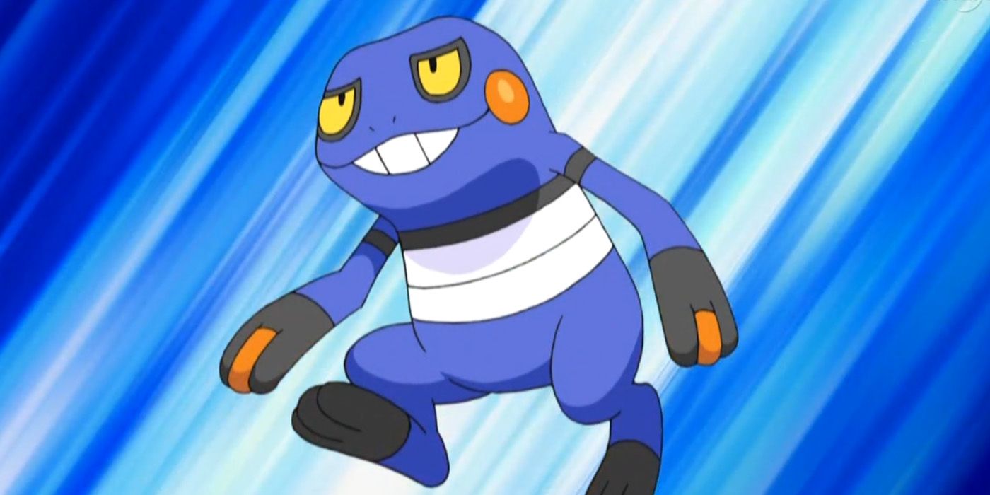Crogunk jumping into battle in the Pokémon anime.