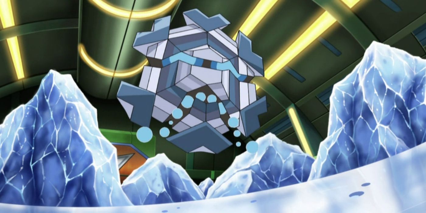 Cryogonal attacks in on an icy battlefield in the Pokemon anime