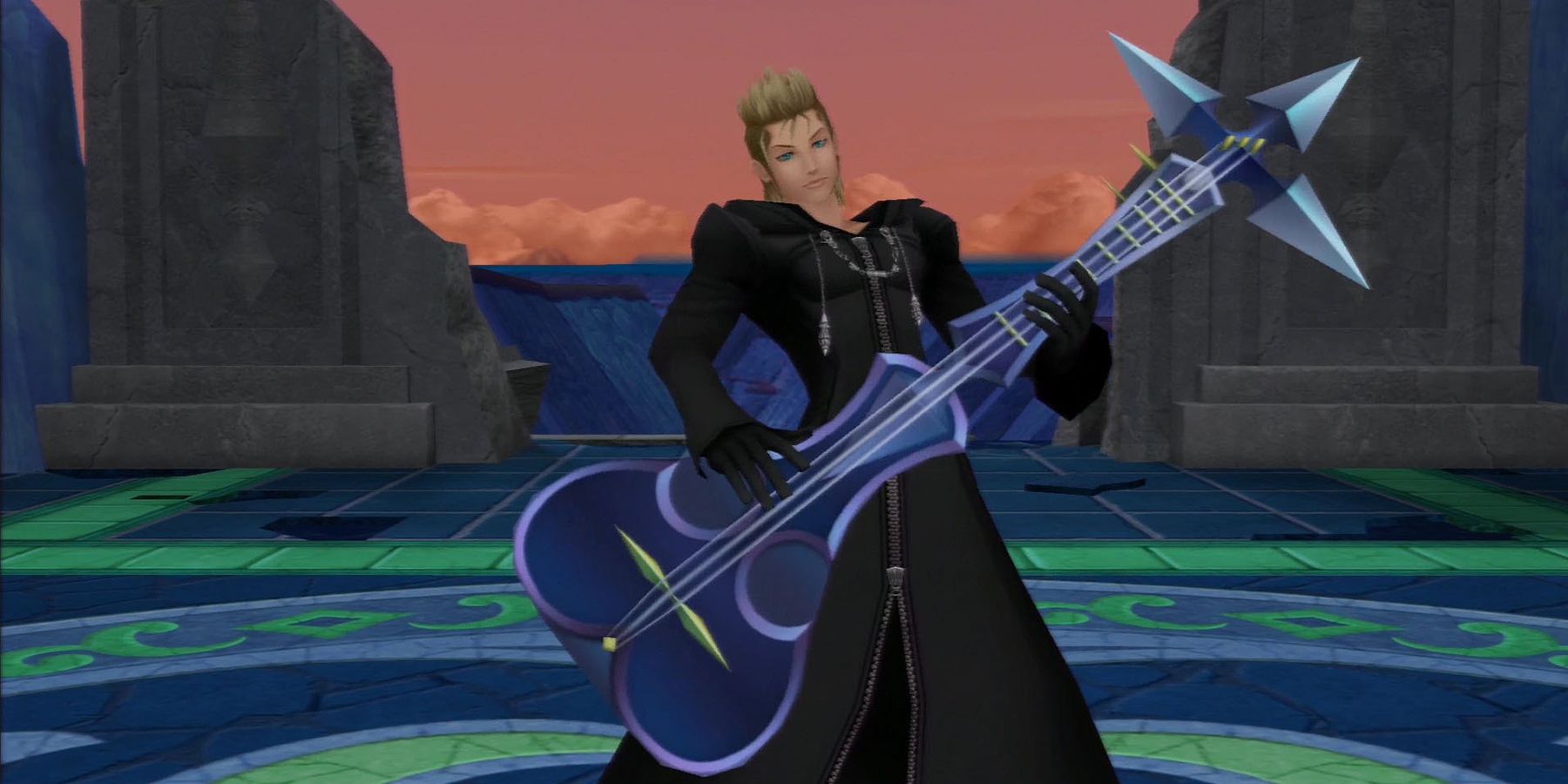 Demyx plays a giant guitar from Kingdom Hearts II