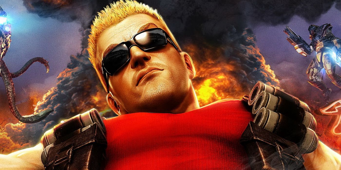 Duke Nukem wears a red tank top and sunglasses, standing in front of an explosion and aliens
