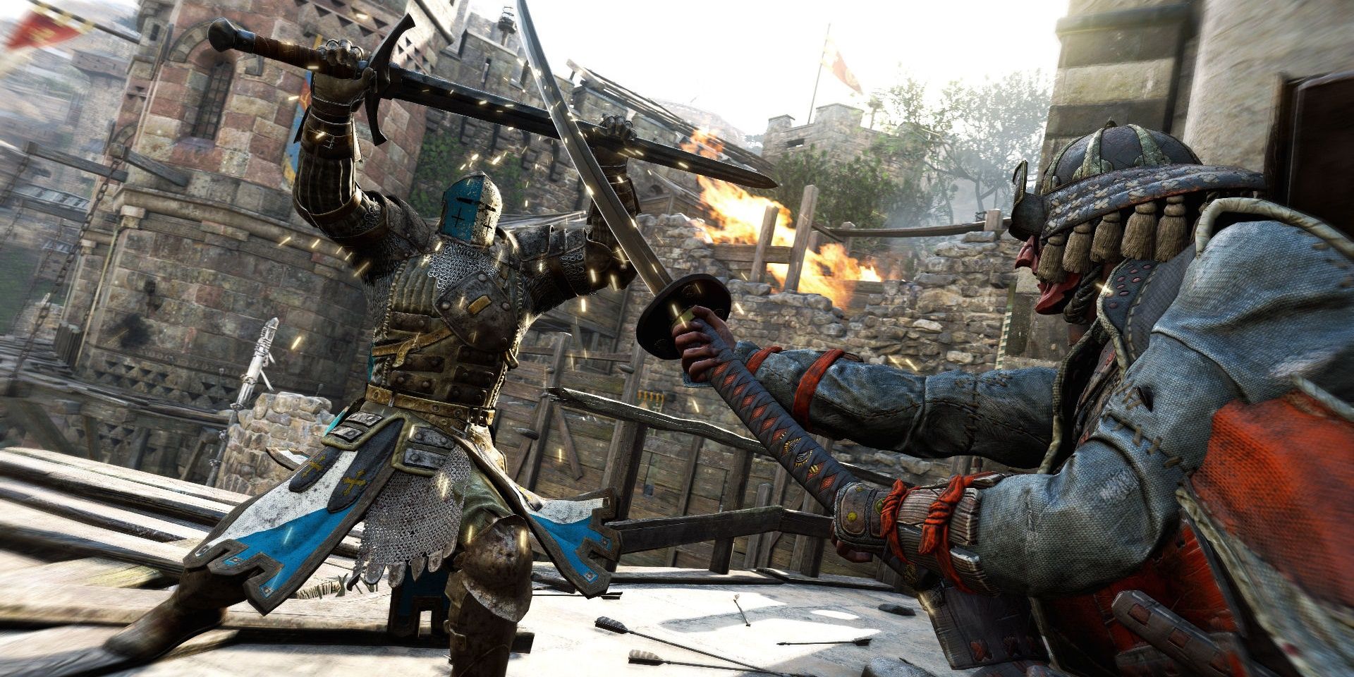 A knight fighting a samurai in For Honor