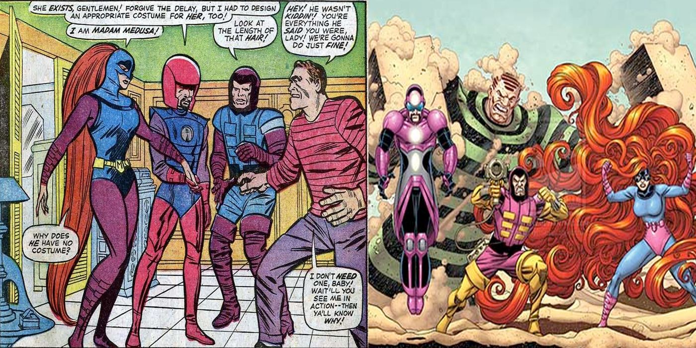 Split image of original Frightful Four and modern version from Marvel Comics