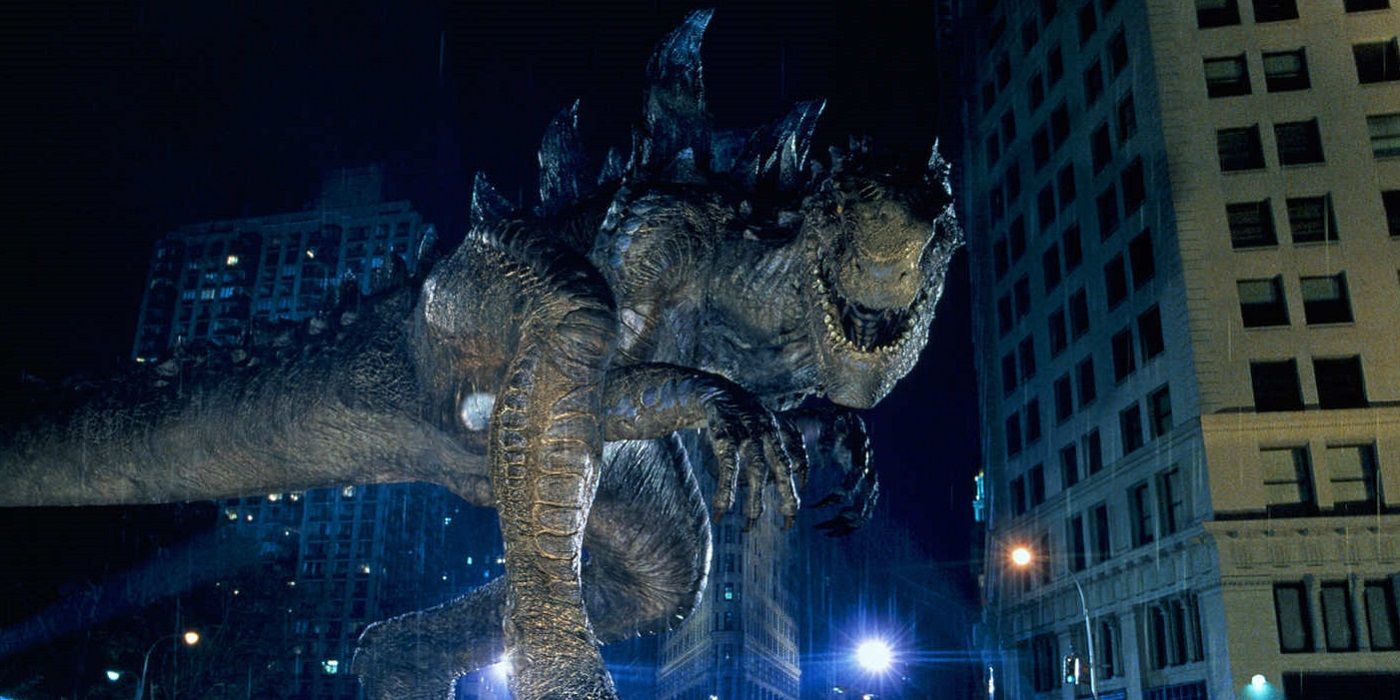 Godzilla walking between buldings in the 1998 movie