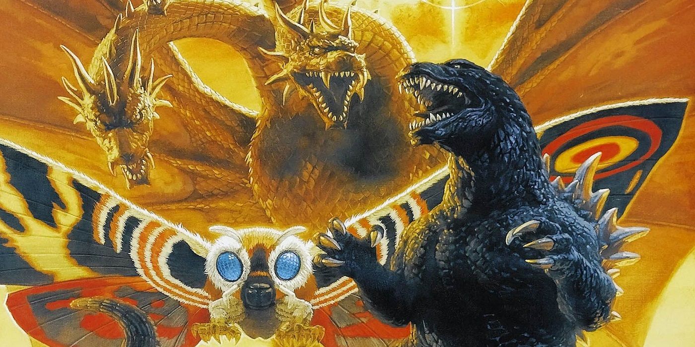 Godzilla, Mothra and King Ghidorah artwork from 2001's Godzilla, Mothra, and King Ghidorah: Giant Monsters All-Out Attack