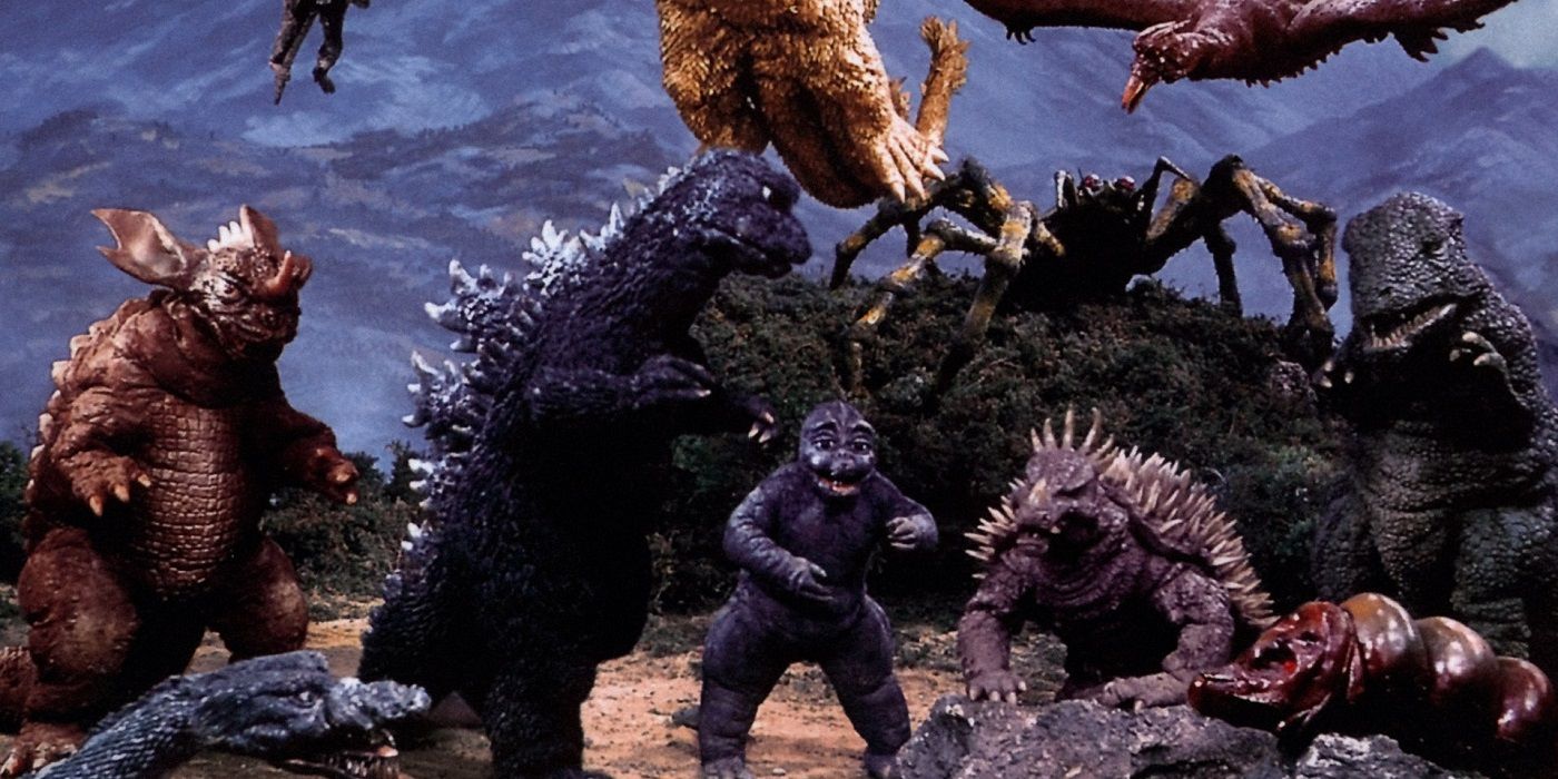 Godzilla in Destroy All Monsters surrounded by other monsters