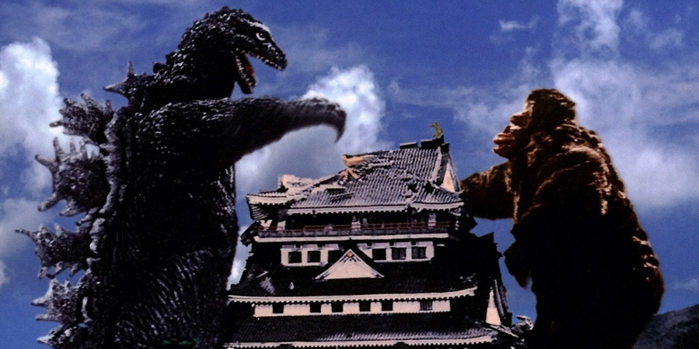 Godzilla vs. King Kong destroying a building