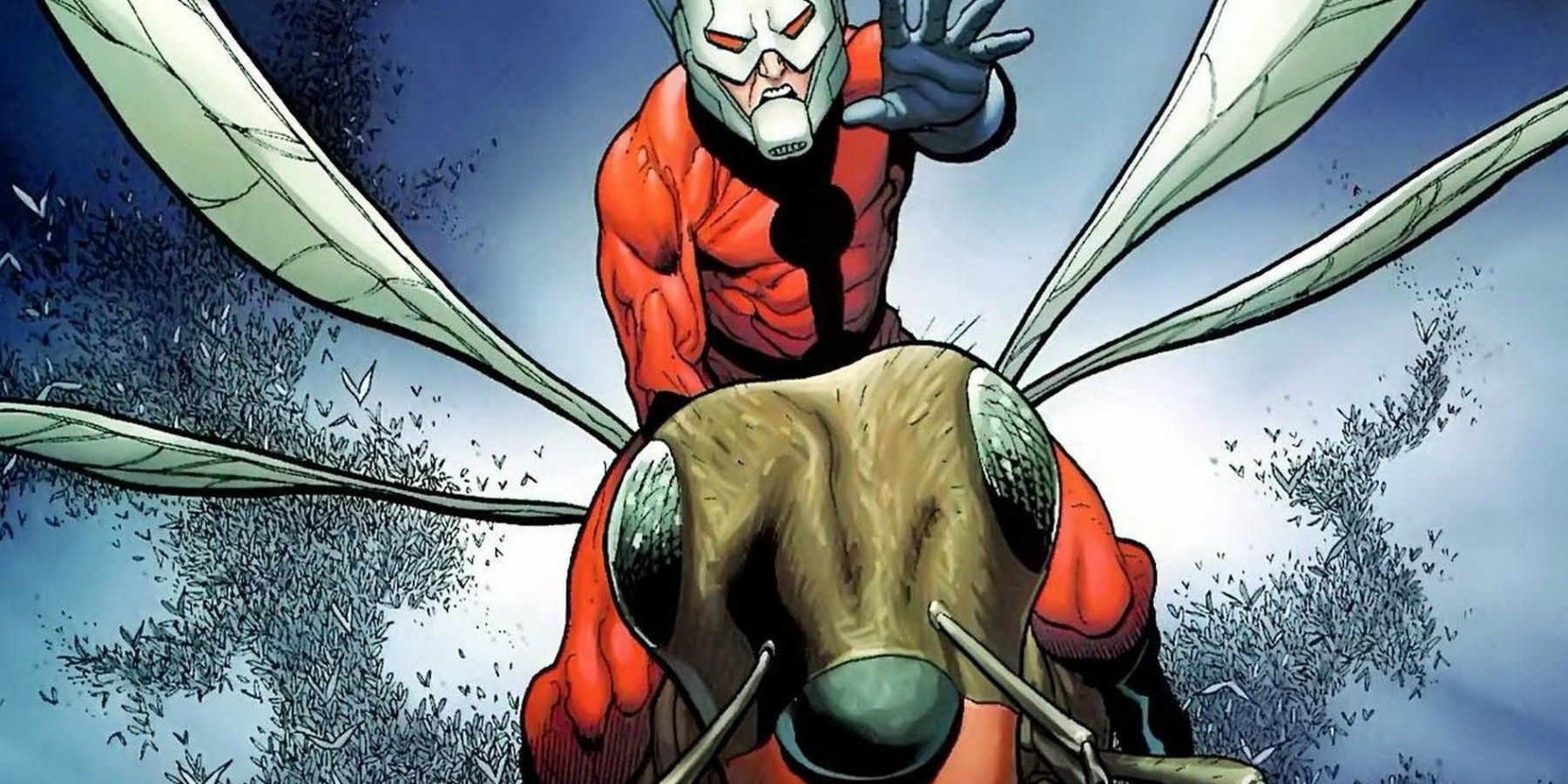 Hank Pym flies on the back of an ant as a swarm follows behind