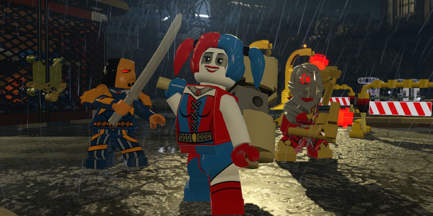 Harley Quinn and Deadthstroke under the rain in LEGO Batman 3: Beyond Gotham