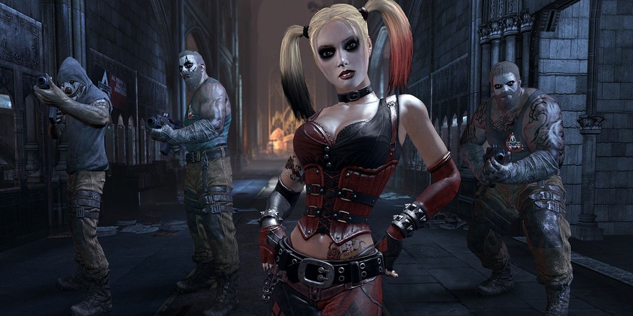 Harley Quinn backed up by the Joker's henchmen