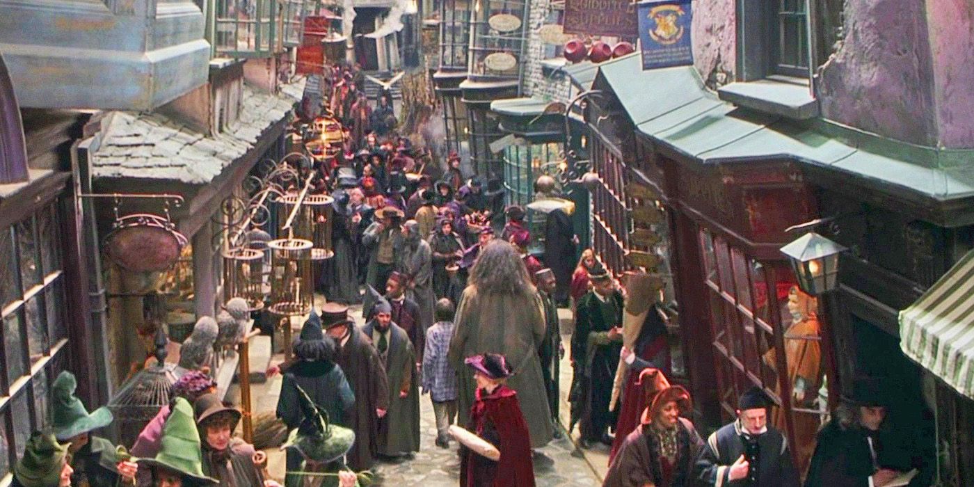 A birds-eye view of Diagon Alley from the Harry Potter movies, with a large crowd in the streets.