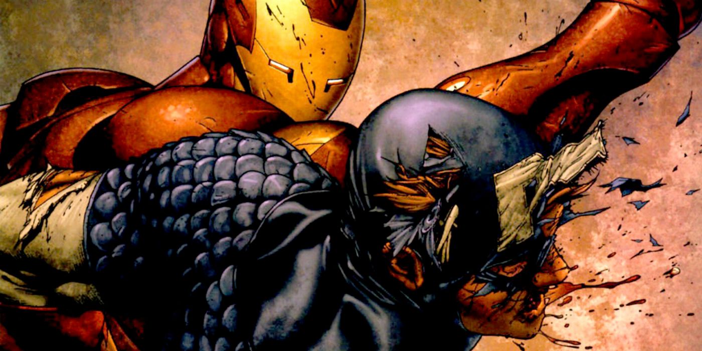 Iron Man punching Cap in the Civil War comic