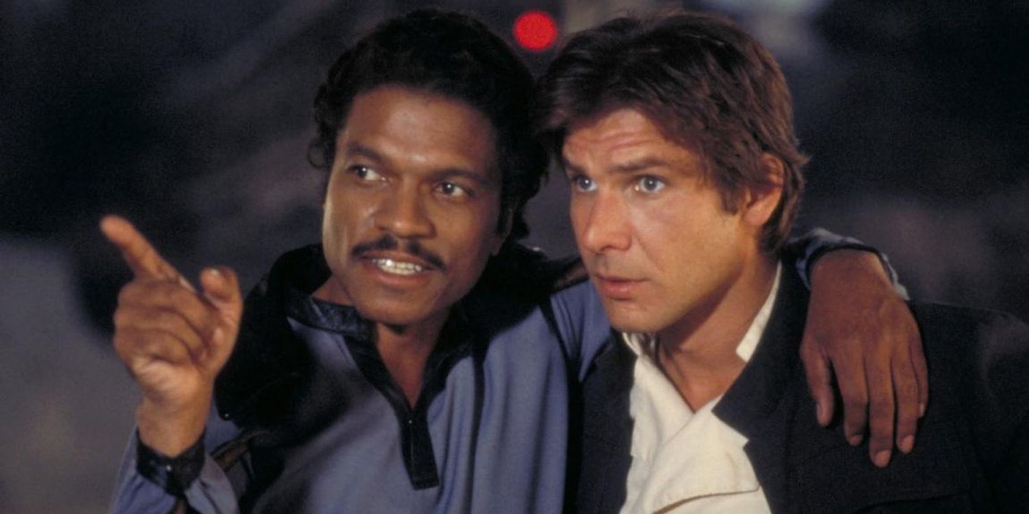 Lando Calrissian with his hand on Han Solo's shoulder in The Empire Strikes Back