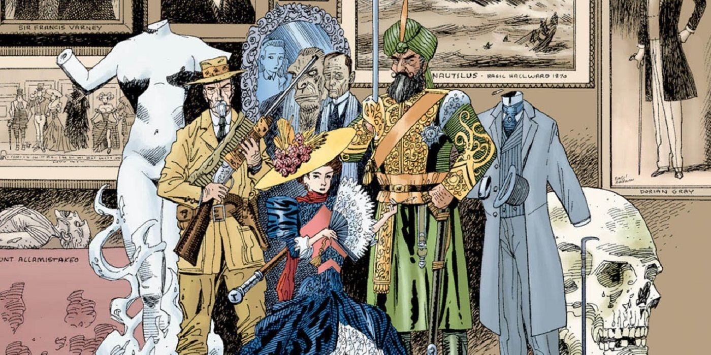 The League of Extraordinary Gentlemen assemble in comic book art by Kevin O'Neill.