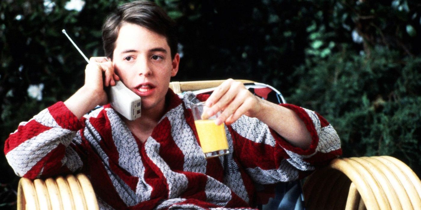 Matthew Broderick talking on the phone and drinking orange juice in Ferris Bueller's Day Off