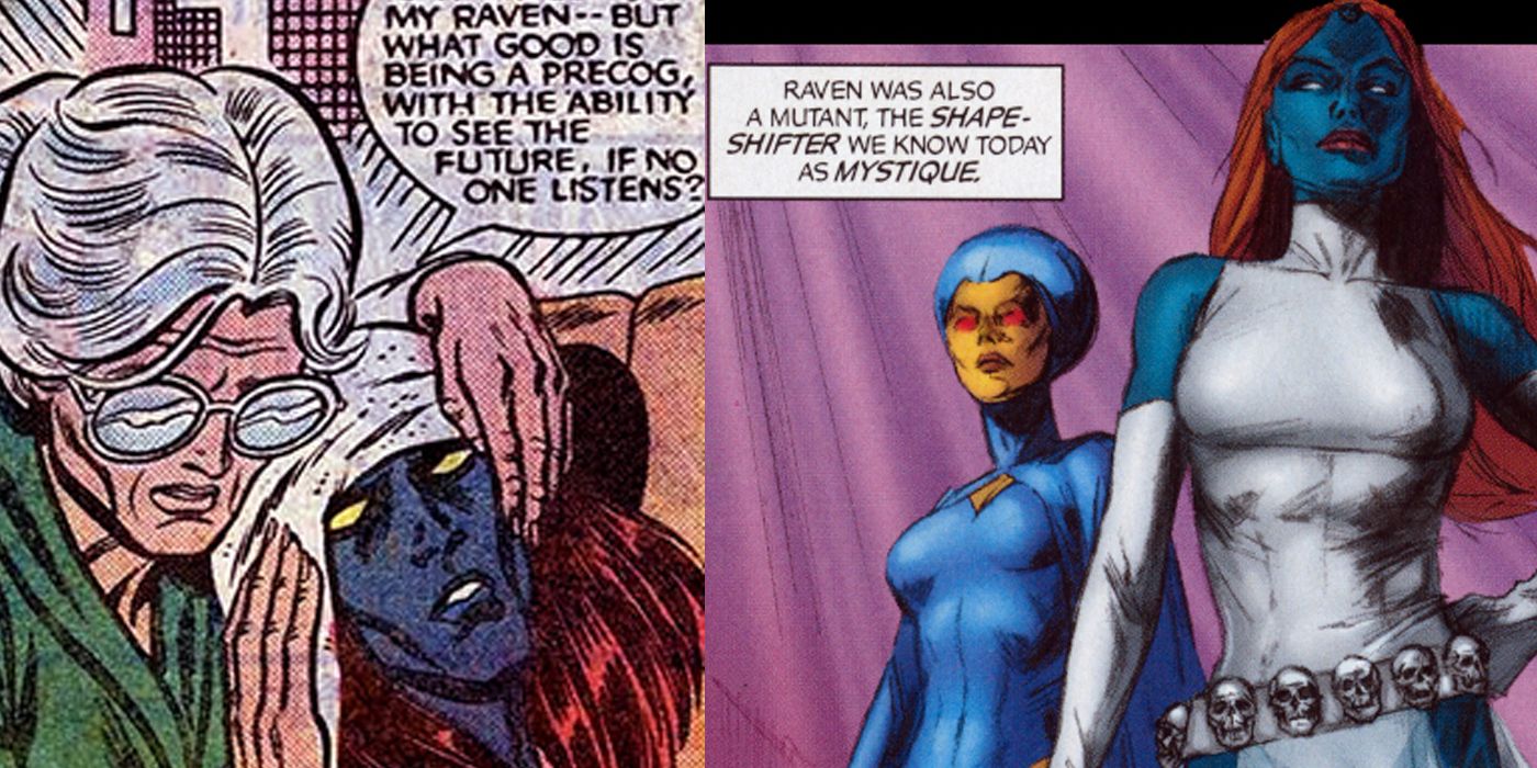 Split image of Mystique and Destiny in the past and present day in X-Men comics.