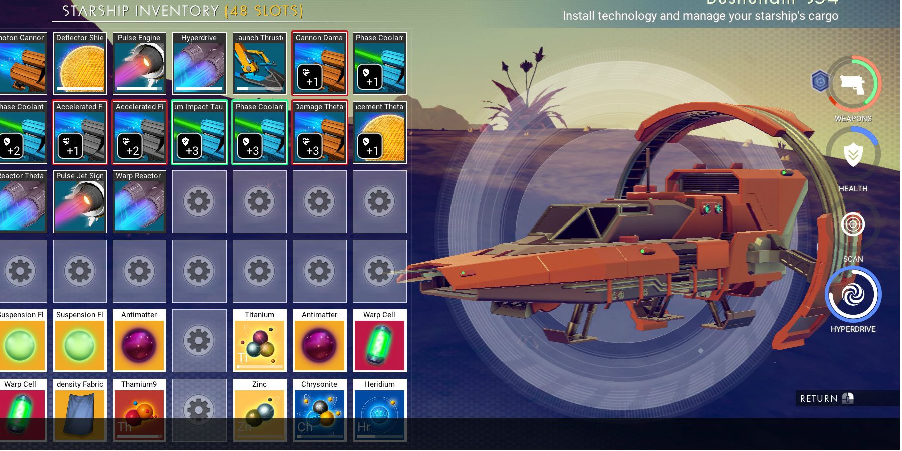 A tela de inventário de um navio normal em No Man's Sky.