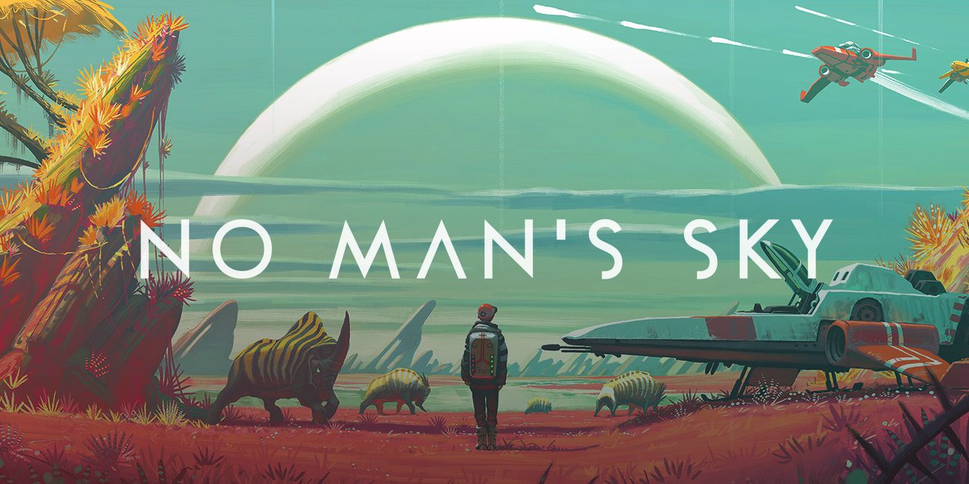 Cover art for No Man's Sky, showing an astronaut on an alien planet, with wildlife nearby and spaceships overhead.
