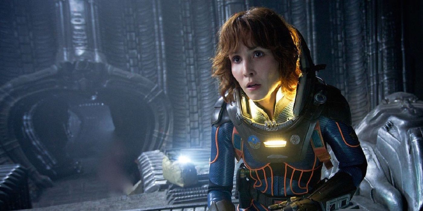 Shaw on the alien planet looking worried in Prometheus